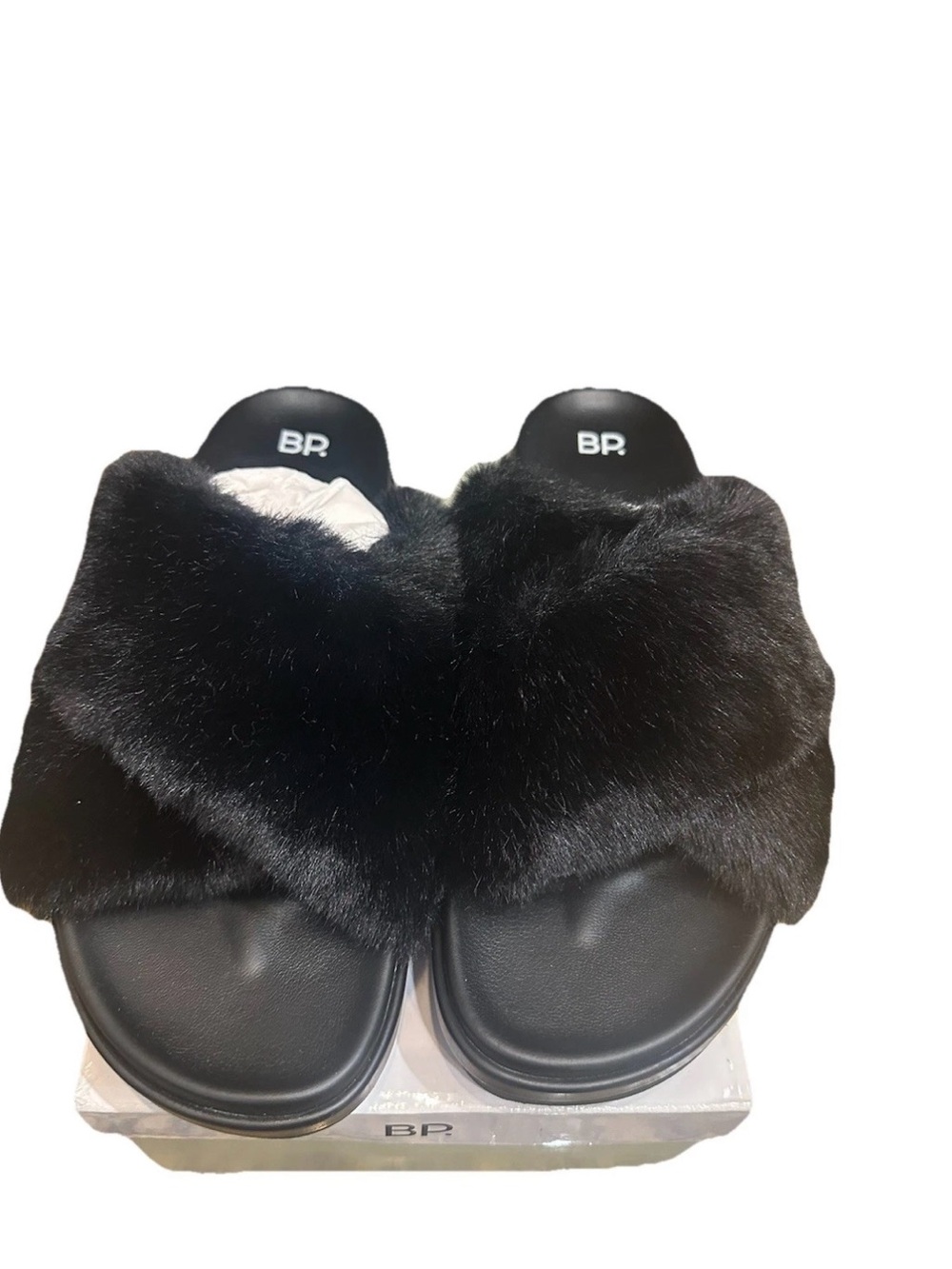 BP Nordstrom Black BPZOE-FAB Criss-Cross Faux Fur Platform Slides Size 10